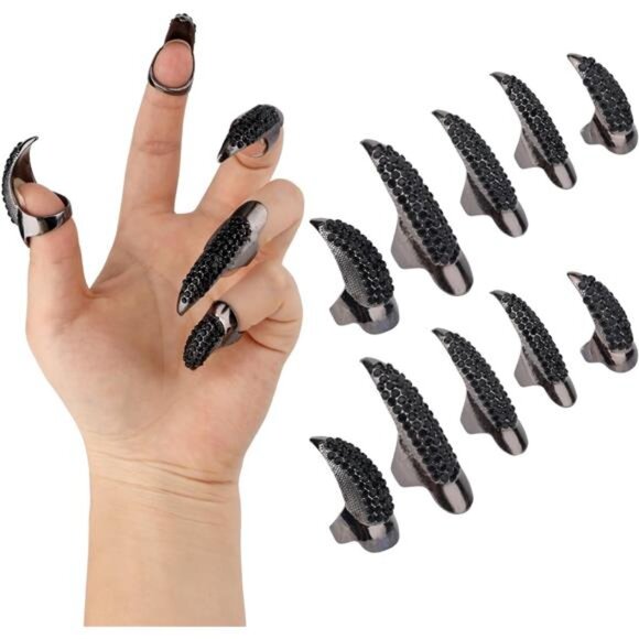 Halloween Metal Claw Nails – 10Pc Scary Gothic Finger Rings with Rhinestones - Picture 1 of 5